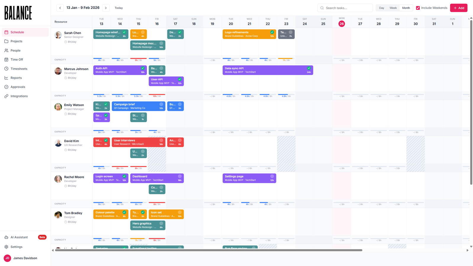 Balance resource planning schedule view showing team assignments and capacity